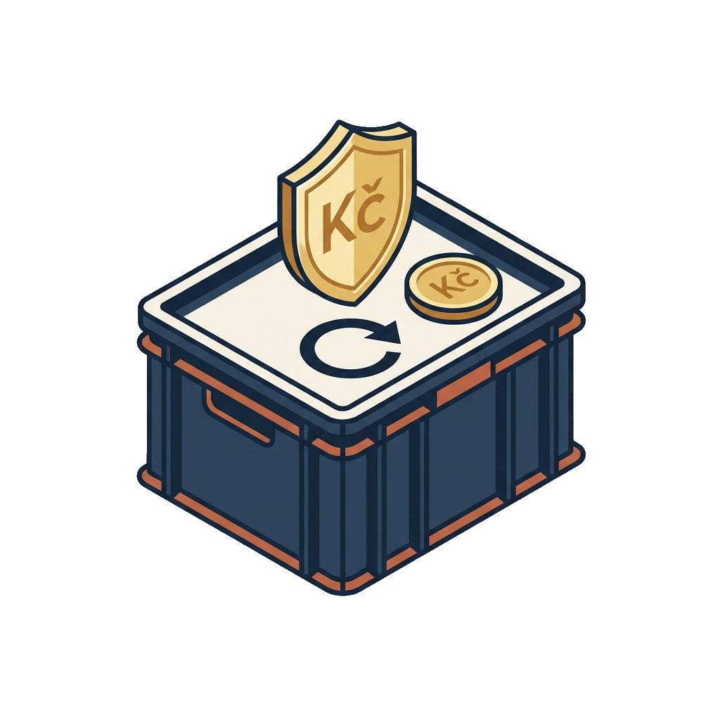 A reusable crate with a shield and Kč coin representing a fully refunded deposit