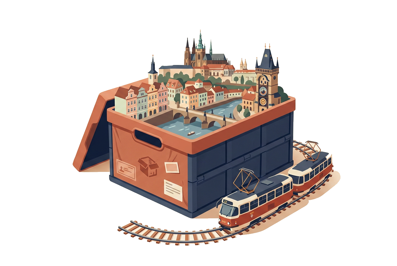 Prague packed into a reusable moving crate, with a red tram on a track curving around it