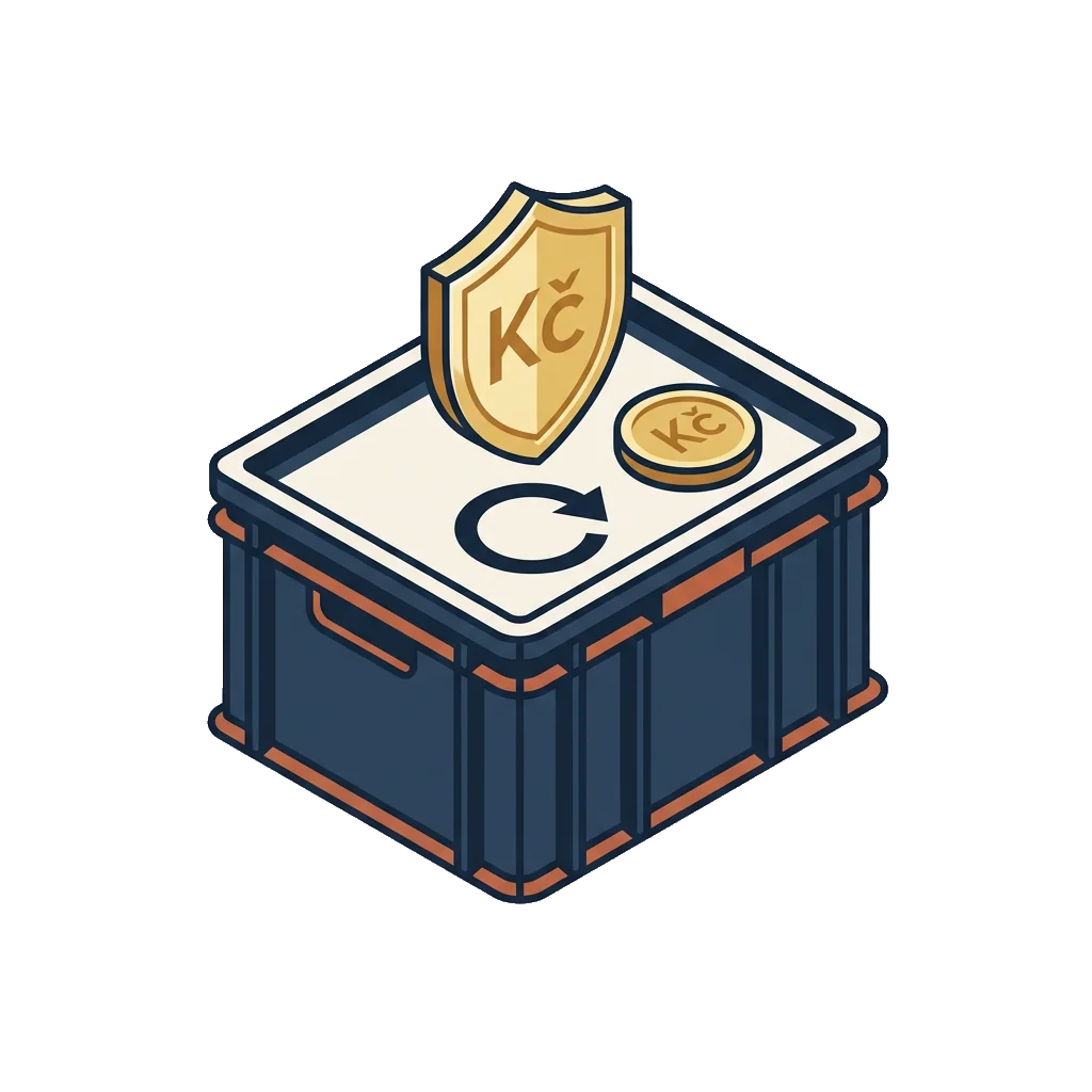 A reusable box with a shield and Kč coin representing a fully refunded deposit