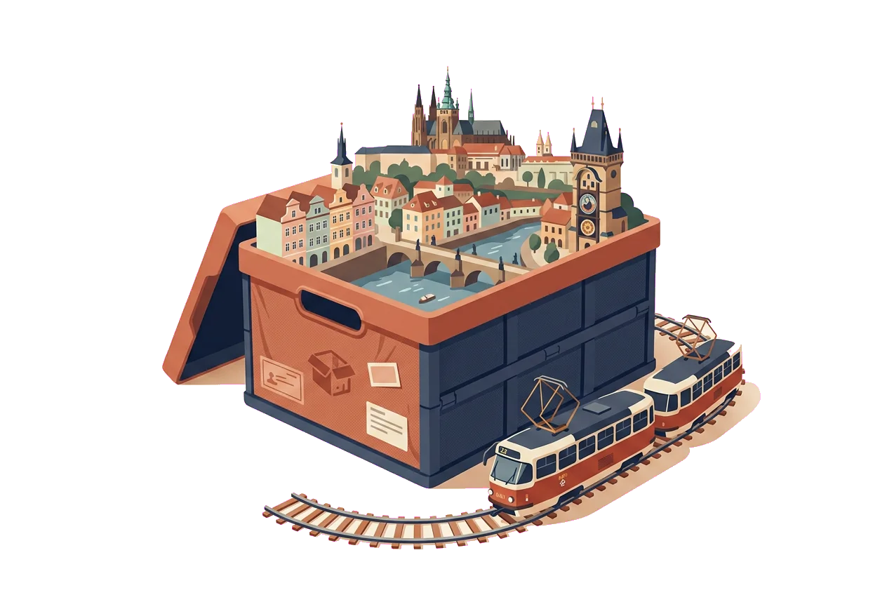 Prague packed into a reusable moving box, with a red tram on a track curving around it