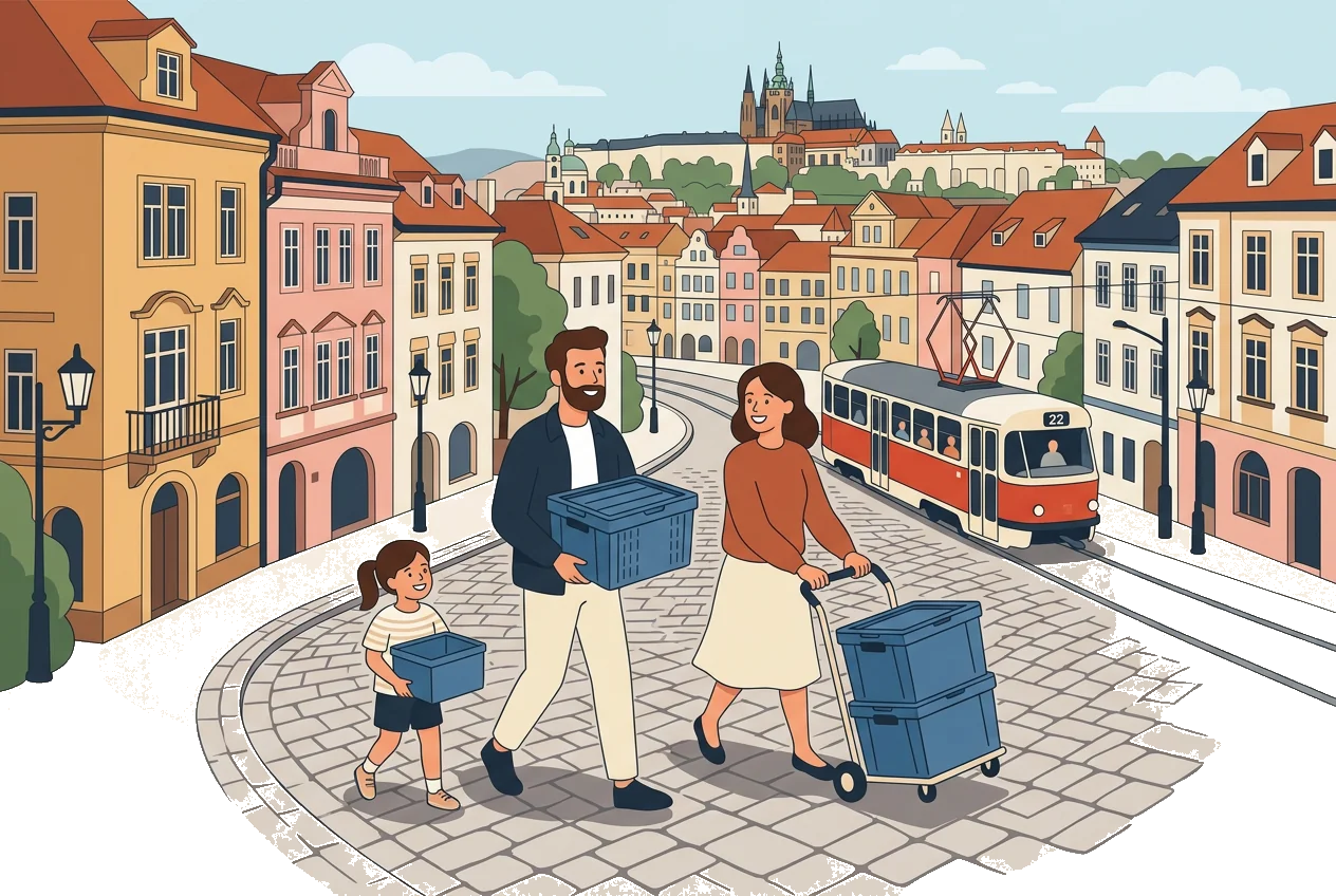 A family moving house with reusable moving boxes along a Prague old-town street