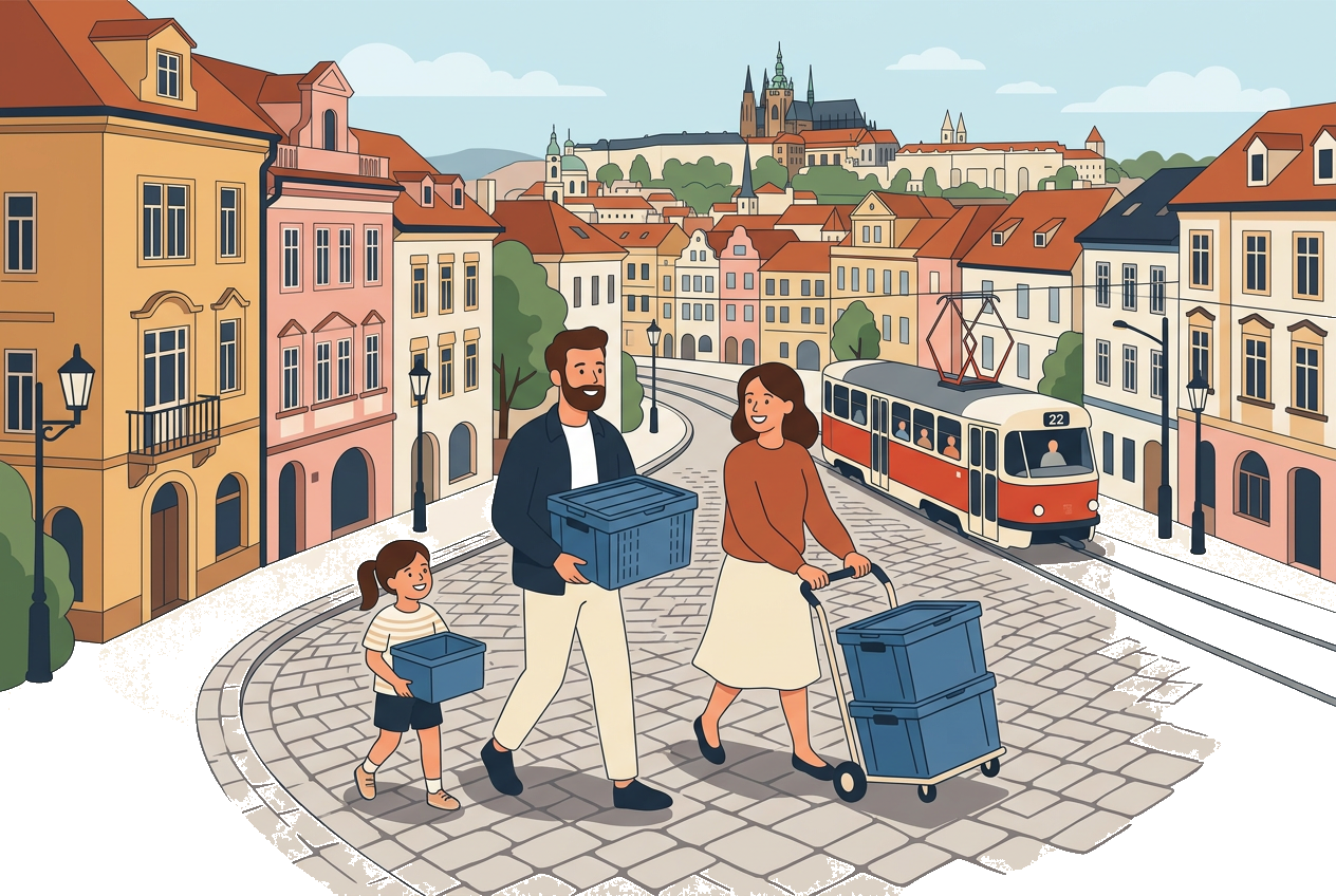 A family moving house with reusable moving crates along a Prague old-town street